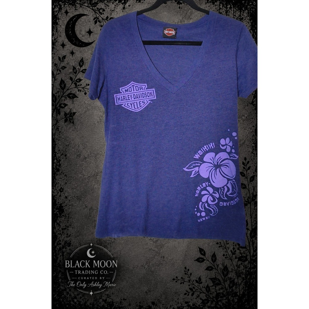 Harley Davidson Waikiki Hawaii Women's Purple V Neck Graphic T Shirt